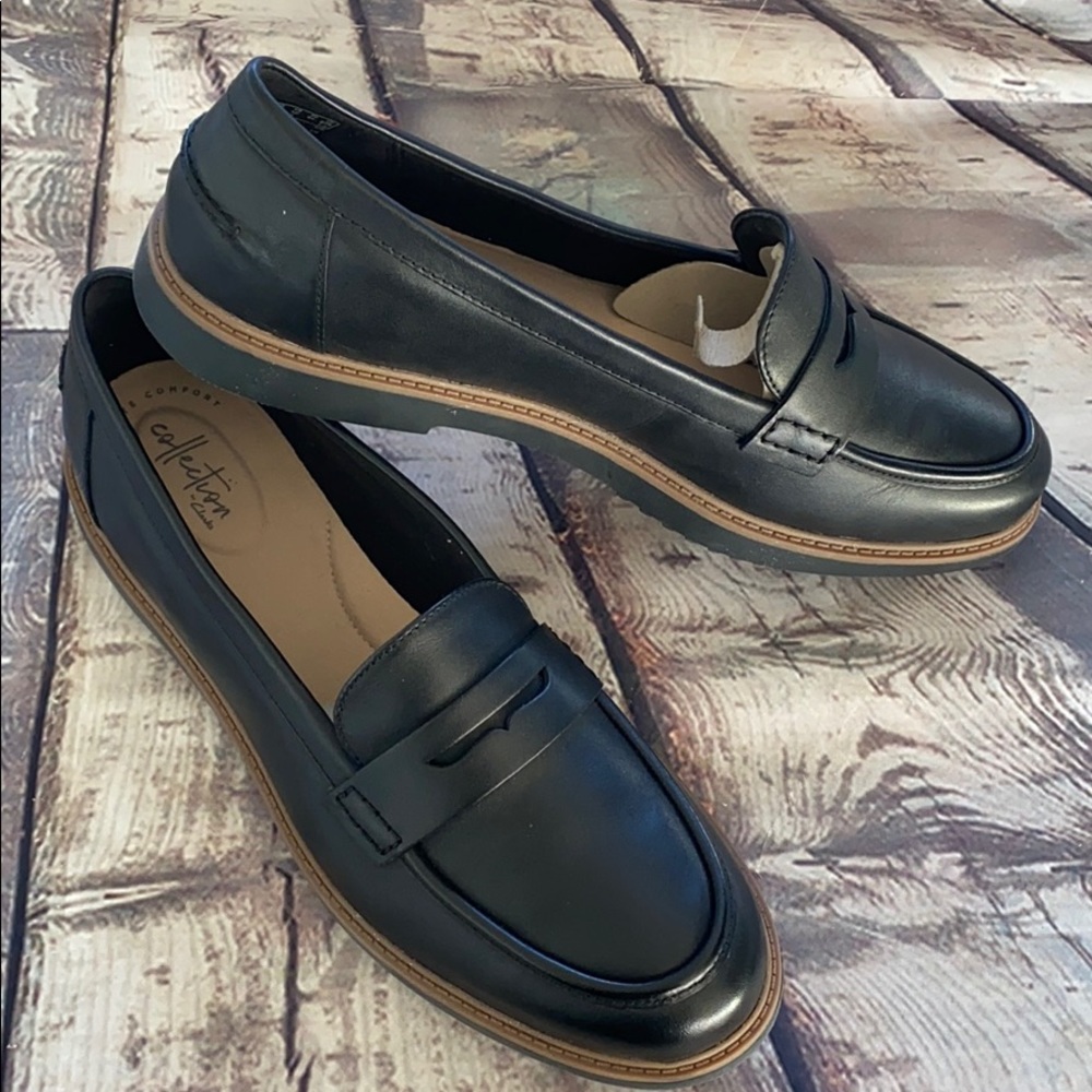 Clark’s 12 new black leather slip ons